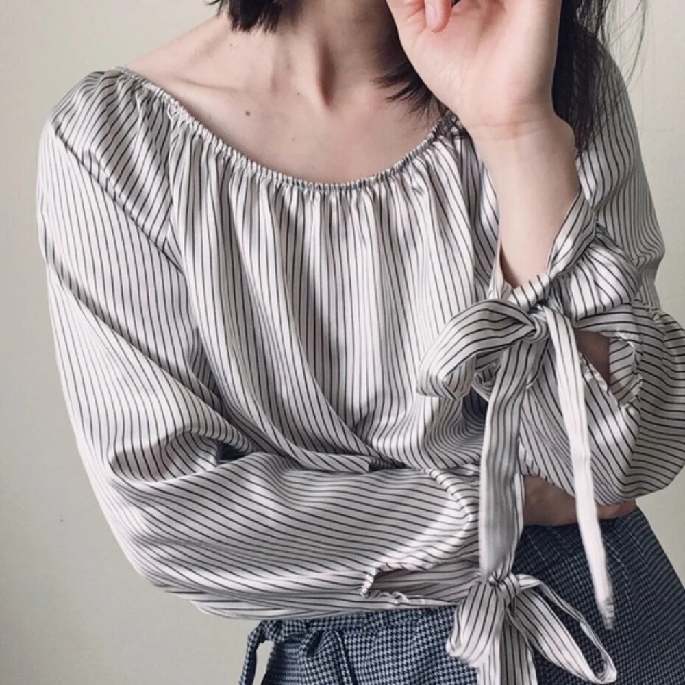 Ivory satin stripe off-shoulder top    - Picture 4 of 8